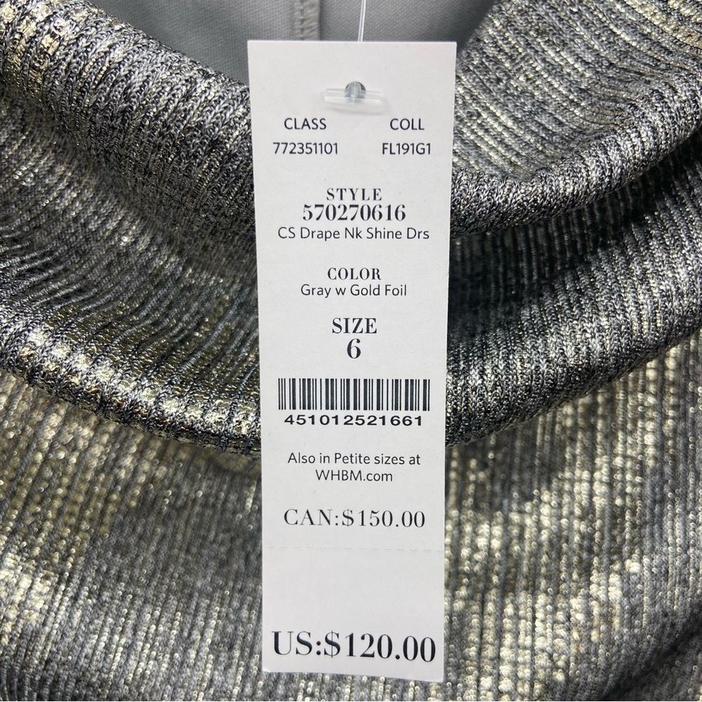 NWT White House Black Market Gray Gold Metallic Drape Neck Shine Dress Size 6 - Picture 5 of 10